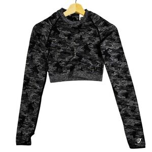 Gymshark Adapt Camo Seamless Crop Top Black Grey Long Sleeve Small GLCT1855